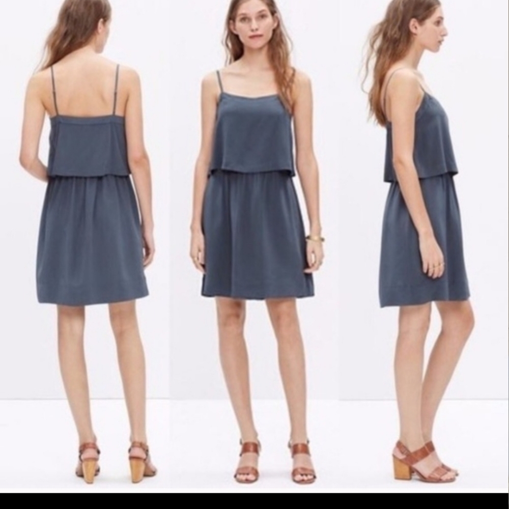 Madewell Silk Flounce Dress Dusty Blue Gray
